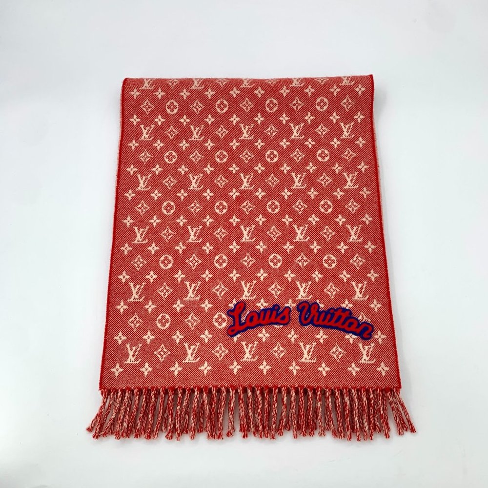 Louis Vuitton Red Monogram Logo Wool & Silk Fringed Scarf Reversible Design